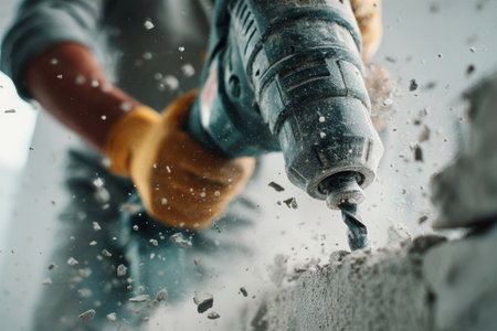 Close-up captures a construction worker expertly handling a jackhammer while breaking a wall, with concrete dust swirling in the air.の素材