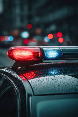 A close-up view of a police car with vibrant red and blue flashing lights creates a dynamic atmosphere in a bustling urban setting during nighttime.の素材