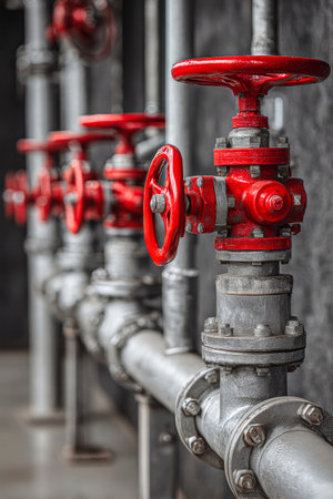 Red valves and silver pipes create a striking contrast in a spacious industrial setting, showing complex plumbing and equipment functionality in a modern plant.の素材