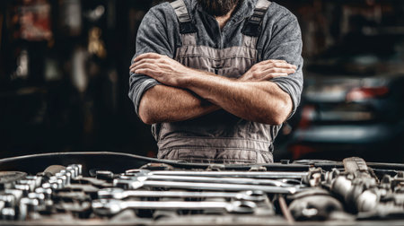 A skilled mechanic showcases his tools while standing confidently in a garage, surrounded by various auto parts, radiating a sense of expertise and dedication.の素材