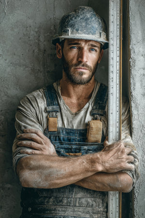 A man clad in overalls and a hard hat carefully levels plaster using an aluminum ruler while surrounded by rough concrete walls, showcasing dedication to his craft.の素材