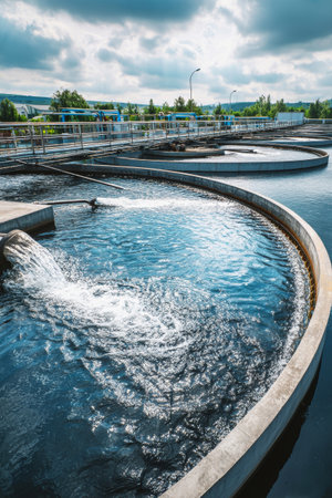 Wide-angle view of a wastewater treatment facility with open tanks actively cleaning industrial waste. Water flows smoothly, reflecting the surrounding environment.の素材