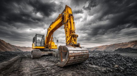 Heavy machinery digs and moves black soil at a mining area, with coal piles in the backdrop and a dramatic overcast sky overhead.の素材