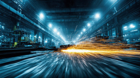 Within a bustling steel foundry, a laser welding machine efficiently produces automotive components while sparks vividly illuminate the dark background.の素材