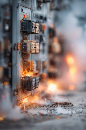 Electricity meets chaos as flames engulf an electrical panel, enveloped by swirling smoke and steam, creating an unexpected yet striking aesthetic moment.の素材