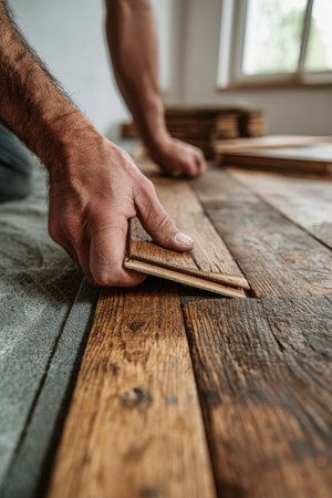 Skilled hands carefully arrange wooden boards for parquet flooring installation, transforming a living room into a stylish and inviting space.の素材