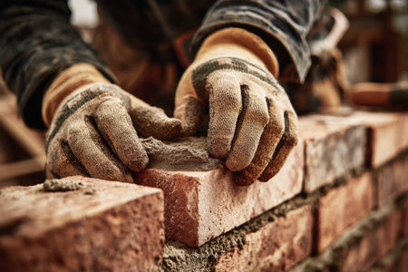 Amidst a bustling construction site, a dedicated worker expertly lays red clay bricks to form sturdy walls for an upcoming building project.の素材