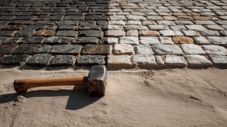 Cobblestone paving process on a sunny day, showcasing a rustic aesthetic with a rubber sledgehammer resting on sand. The stone pavilion adds charm to the scene.の素材