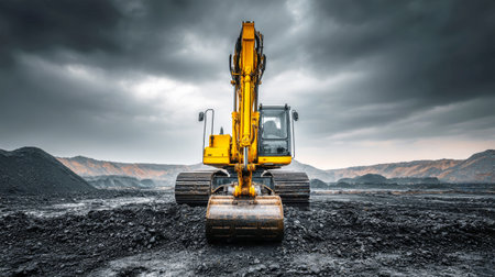 Yellow excavator with an open bucket digs through heavy black soil, surrounded by coal piles against a dramatic backdrop of dark gray clouds.の素材
