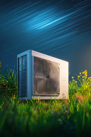 Under a stunning blue and yellow gradient sky, a sleek air conditioning unit stands amidst lush grass and vibrant plants while light streaks dance above.の素材