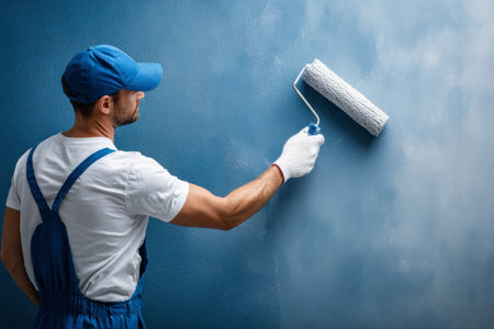 A focused individual wears a blue cap and white gloves while skillfully rolling blue paint onto a textured wall, embodying creativity in a rustic environment.の素材