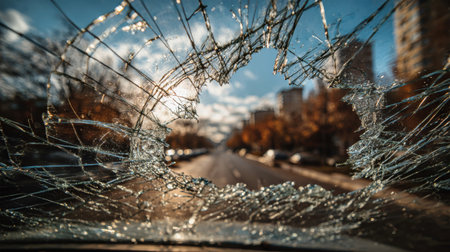 Through the shattered glass of a car's windshield, a vibrant city street unfolds with clear trees and buildings, illuminated by sunlight in a rustic ambiance.の素材