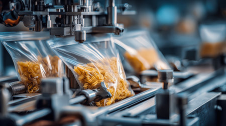 Pasta bags are being expertly filled by a high-tech packing machine in a bustling factory, showcasing a blend of machinery and food production.の素材