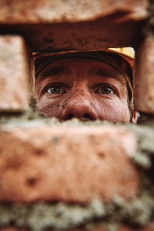Focused entirely on his task, a skilled bricklayer meticulously lays bricks, shaping a sturdy wall for a future home or business.の素材