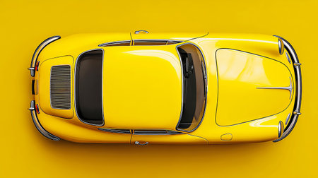 A sleek yellow car stands out against a bold yellow and black backdrop, showing its minimalist design and polished look in a striking visual.の素材