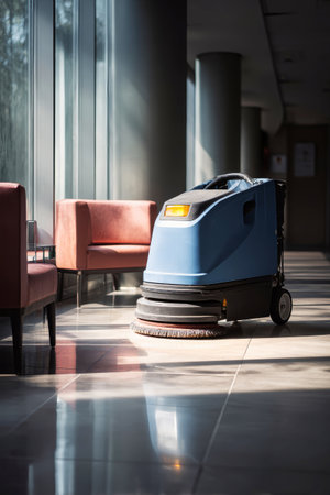 A cleaning machine is diligently working across the floor of a modern office building, enhancing the brightness and cleanliness of the space during daylight hours.の素材