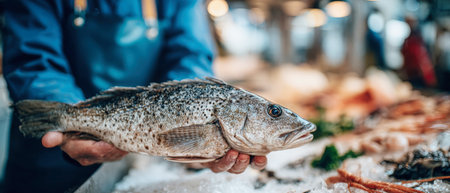 A vendor in a blue uniform proudly holds a fresh grouper fish at a market stall filled with ice and assorted seafood, highlighting the lively atmosphere of the market.の素材