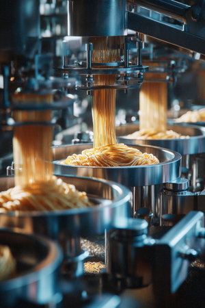 A bustling pasta factory features a fully automatic assembly machine skillfully creating fresh noodles.の素材