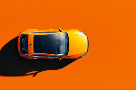 A bright orange and black backdrop features a shiny car viewed from above, showing its sleek lines and minimalist aesthetic in high resolution with bold color blocks.の素材