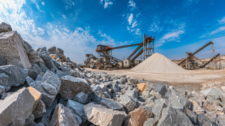 In a bustling granite quarry, large red and gray machines crush stones while white sand cascades into the air, creating a striking contrast against the blue sky.の素材