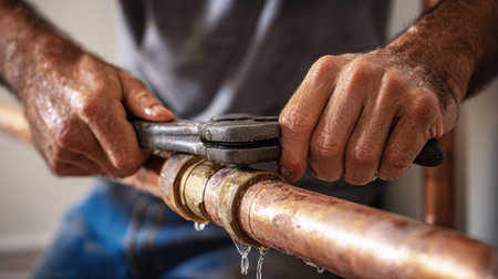 A skilled plumber is focused on fixing a home heating system, expertly handling copper pipes and wrenches in a warm, inviting space filled with natural light.の素材