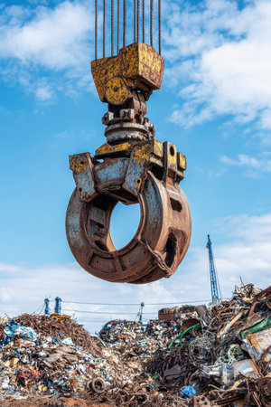 A large crane with a magnetic grab hoists scrap metal from a bustling landfill. Bright blue skies serve as a stunning backdrop to this dynamic recycling activity.の素材