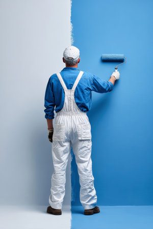 A skilled painter in a white and blue uniform uses a roller to apply vibrant blue paint to a wall, creating an inviting backdrop for promotional text.の素材