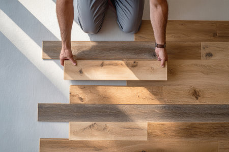 In a bright apartment, a worker skillfully positions a parquet board, ensuring it fits seamlessly among the others on the floor while absorbing warm sunlight.の素材