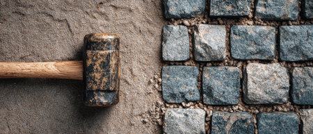 Cobblestones are meticulously laid in rows over sand, with a rubber sledgehammer resting nearby, showcasing a crafting process for a beautiful patiolike structure.の素材