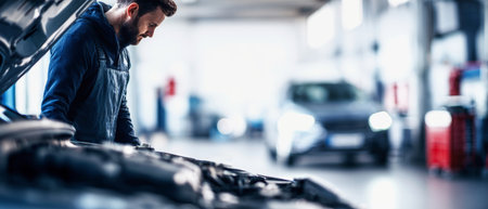 A mechanic inspects the engine of a car with concentration, surrounded by tools and blurred vehicles in a bright garage environment.の素材