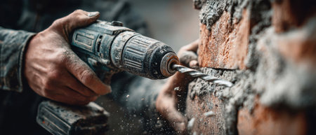 A skilled worker uses a hand drill to dismantle a brick wall, immersed in construction materials, showcasing hard work and craftsmanship.の素材