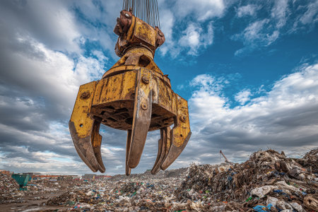 A giant crane looms over a scrap metal yard, holding discarded materials against a blue sky and dynamic clouds, highlighting the activity below.の素材