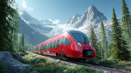 A sleek red train navigates mountainous terrain, flanked by lush green trees and glistening glaciers, showing the beauty of summer in the Swiss Alps.の素材