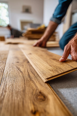 Young professional focuses on laying rustic parquet flooring in a cozy living room, enhancing the warmth and charm of the interior with skilled hands at work.の素材
