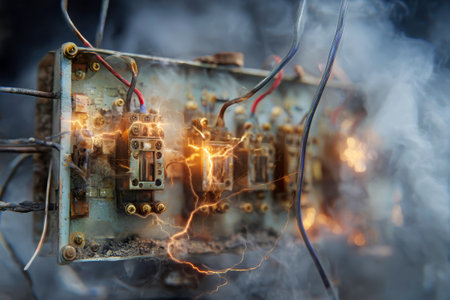 Amid swirling acrid smoke, a burning wiring box ignites with lightning-like discharges, creating a mesmerizing interplay of electrical forces and textures.の素材