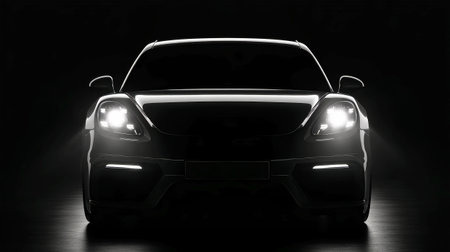 A contemporary luxury sports car stands boldly in silhouette against a smooth black background, its headlights illuminating the space, ideal for a striking banner design.の素材