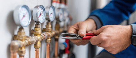 Close-up reveals a plumber's skilled hands adjusting copper pipes while using pliers, surrounded by gauges on a sleek wall, embodied craftsmanship and precision.の素材