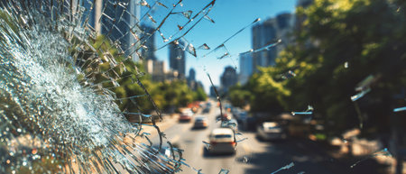 Close-up of shattered glass reflects a vibrant cityscape filled with greenery and moving cars on a bright day, merging urban life and art in stunning detail.の素材