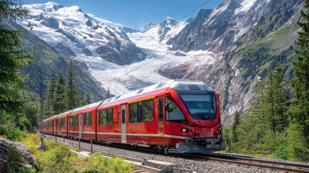 A striking red train travels through stunning mountain landscapes, with glaciers and vibrant green trees creating a breathtaking backdrop on a sunny day.の素材