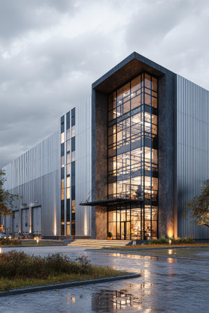 At dusk, a sleek industrial office building showcases its striking glass windows and metal facade, reflecting the twilight sky and surrounding greenery.の素材