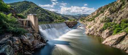 Water tumbles gracefully over the dam, creating a stunning flow into the lush gorge below. The summer sunlight enhances the vibrant landscape surrounding the river.の素材