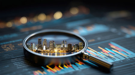 A magnifying glass hovers over detailed stock market data and charts, reflecting a vibrant city skyline at night, symbolizing economic analysis.の素材