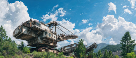 Massive mining machinery looms large in the foreground while lush forests and distant mountains contrast beautifully against a bright blue sky with fluffy clouds.の素材