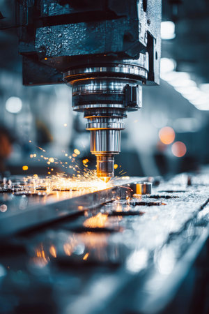 Metal parts are expertly made on a busy factory floor using advanced CNC machines and AI, showing efficiency and precision in production.の素材