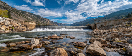 Flowing water spills from a dam into a serene river, surrounded by rugged mountains and a brilliant blue sky during daylight, creating a picturesque landscape.の素材