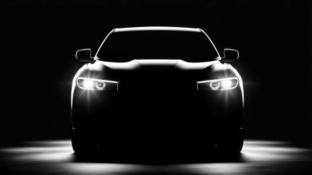 A sleek luxury sports car silhouette glows with its headlights in a studio setting on a black background, perfect for a modern advertising concept.の素材