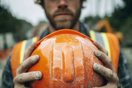 Worker at a construction site showcases safety with an orange hard hat and reflective vest. The scene highlights dedication and the importance of safety in construction.の素材