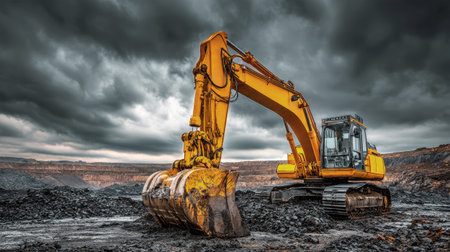 Heavy machinery operates at a mining site, the yellow excavator poised amidst dark soil and looming gray clouds, exemplifying industrial strength and resilience.の素材