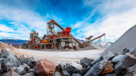 Large gray and red machines operate in a granite quarry, with white sand shooting into the air under a bright blue sky, while gravel piles dominate the landscape.の素材