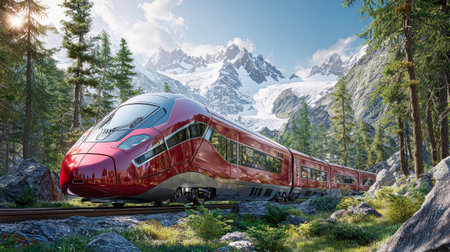 Journey on a stunning red high-speed train as it travels through towering mountains, glacial features, and lush greenery in a vibrant summer setting.の素材